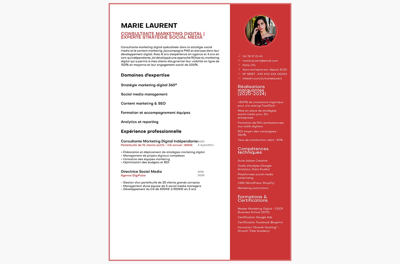 Exemple de CV de Marie Laurent, auto-entrepreneure